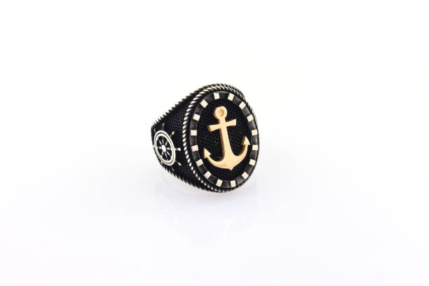 istock Stone-embroidered silver ring for men on a white background 1286173736