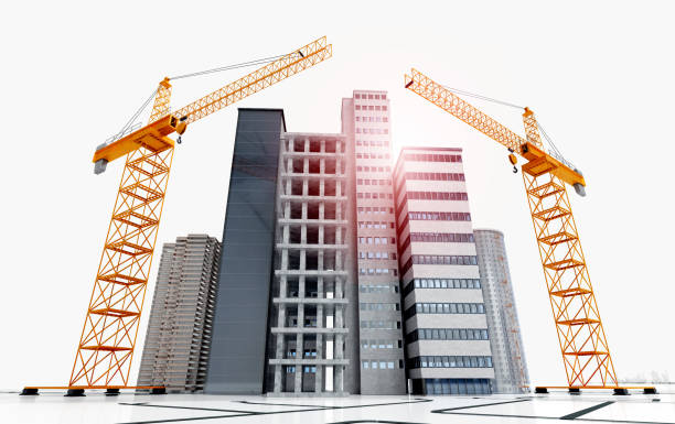 istock 3d render of building and cranes. 1286173965