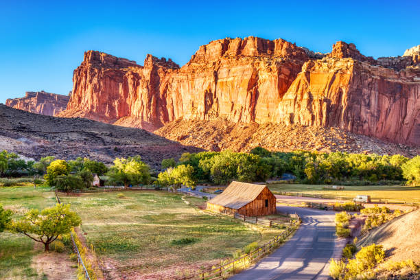 Landscape with Monumental Old Barn in Fruita at Sunset, Capitol Reef National Park, Utah, USA Landscape with Monumental Old Barn in Fruita at Sunset, Capitol Reef National Park, Utah, USA capitol reef national park stock pictures, royalty-free photos & images