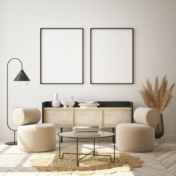 istock mock up poster frame in modern interior background, scandinavian style, 3D render 1286175961