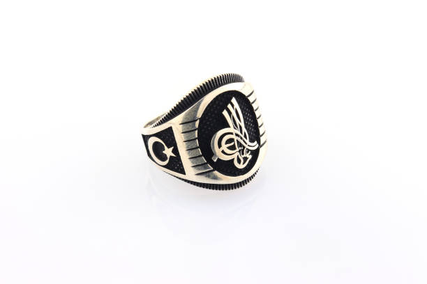istock Stone-embroidered silver ring for men on a white background 1286176696
