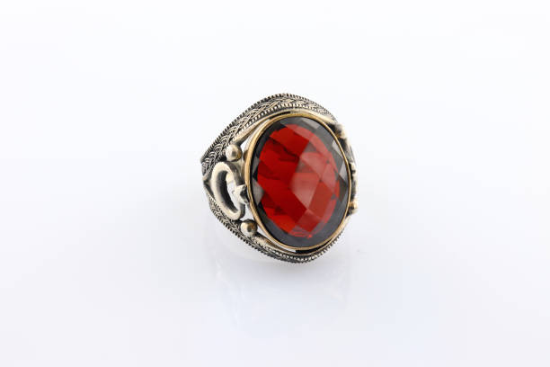 istock Stone-embroidered silver ring for men on a white background 1286176778
