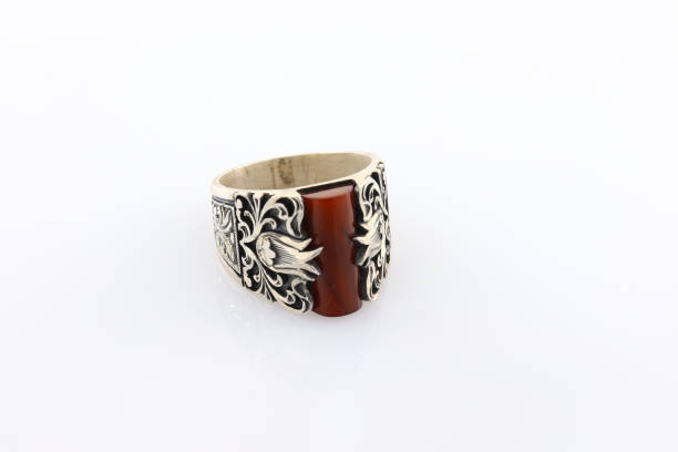 istock Stone-embroidered silver ring for men on a white background 1286176787