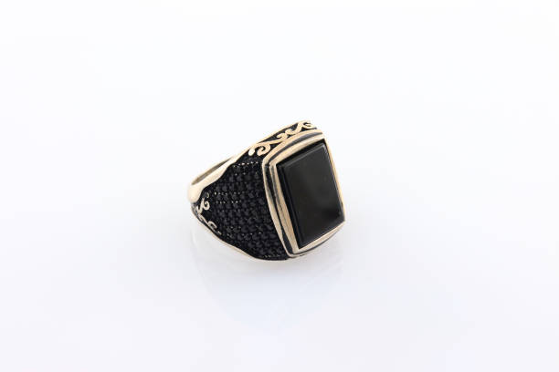 istock Stone-embroidered silver ring for men on a white background 1286176790