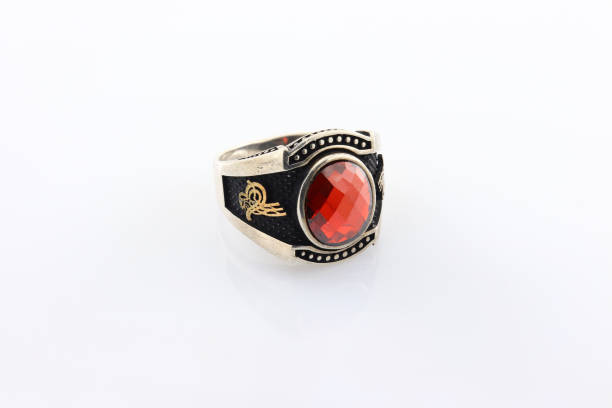 istock Stone-embroidered silver ring for men on a white background 1286176850