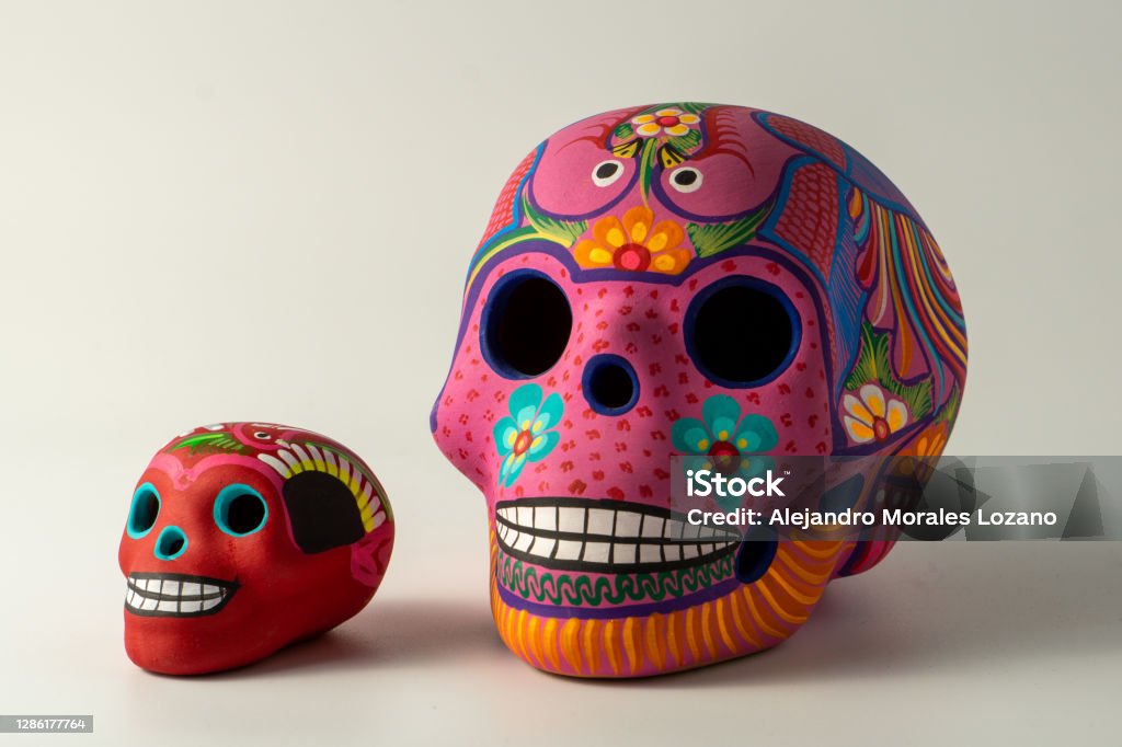 beautiful traditional mexican crafts, skull with colorful decorations for the day of the dead Mexican skull craftsmanship with colorful decoration Sugar Skull Stock Photo