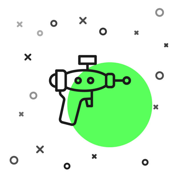 ilustrações, clipart, desenhos animados e ícones de ícone de arma ray da linha preta isolado no fundo branco. arma laser. detonador espacial. vetor - laser gun shooting space laser