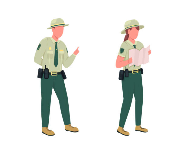 Environmental police male officer flat color vector faceless character set Environmental police male officer flat color vector faceless character set. Forest protection. Law enforcement guards isolated cartoon illustration for web graphic design and animation collection park ranger stock illustrations