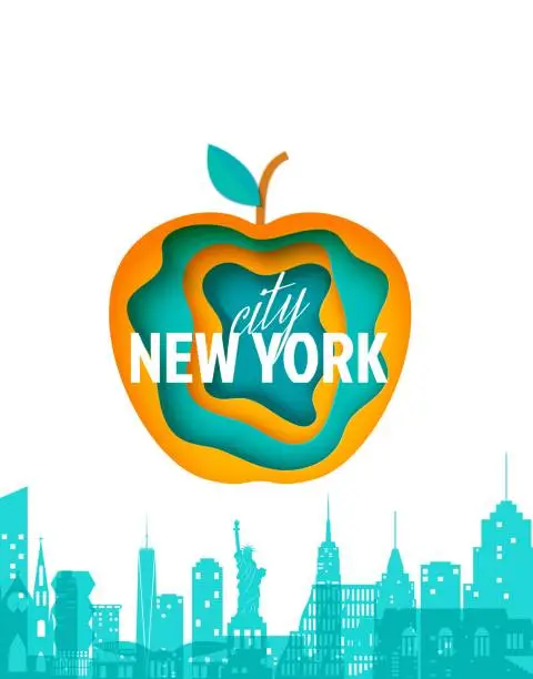 Vector illustration of New York landscape and layered apple form in paper cut style Vector illustration