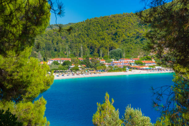 incredibile spiaggia di panormos, skopelos con barche da pesca tradizionali, grecia - ketch foto e immagini stock