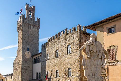 Palazzo dei Priori and its clock tower. Seat of the Town Hall of Arezzo, is located in Piazza della Liberta'. Built in the 14th century, Arezzo, Tuscany, Italy