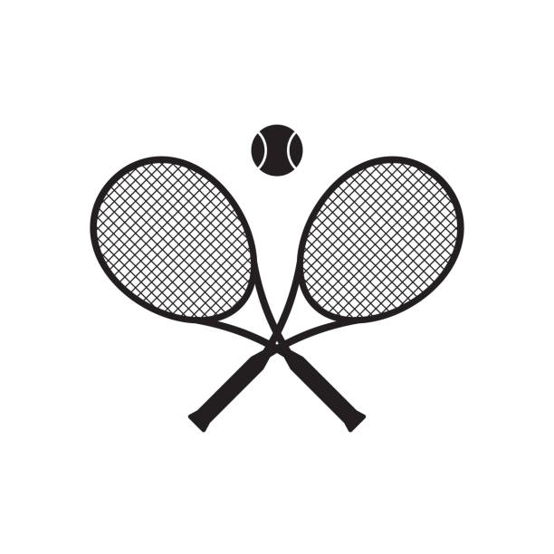 illustrazioni stock, clip art, cartoni animati e icone di tendenza di vector nero cartone animato piatto attraversato racchetta da tennis e palla - tennis silhouette back lit tennis ball
