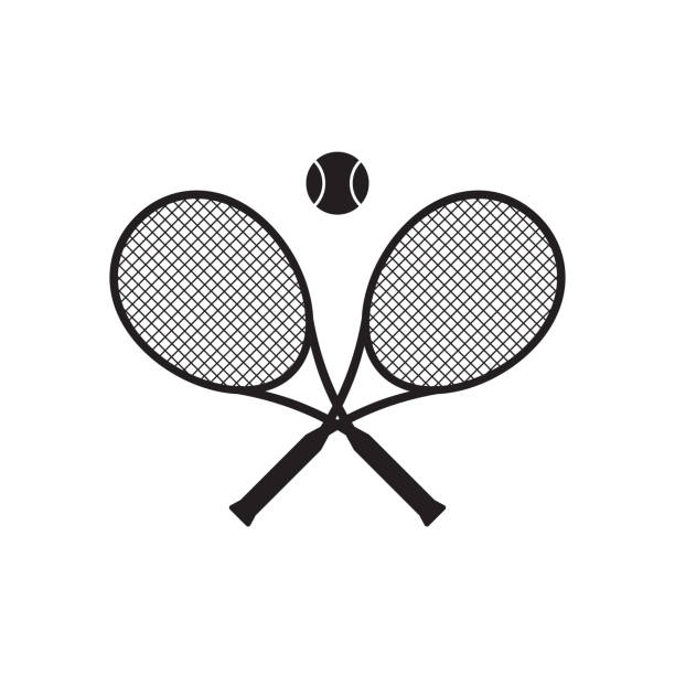 вектор черный плоский мультфильм пересек теннисную ракетку и мяч - silhouette tennis racket tennis racket stock illustrations