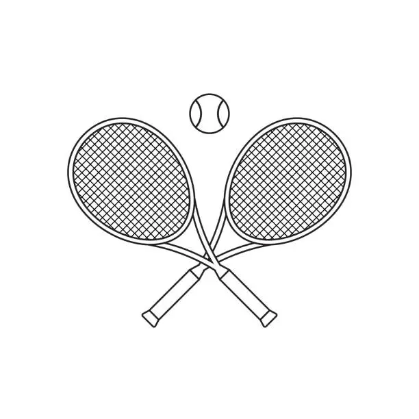 Vector illustration of Vector flat crossed outline tennis racket and ball