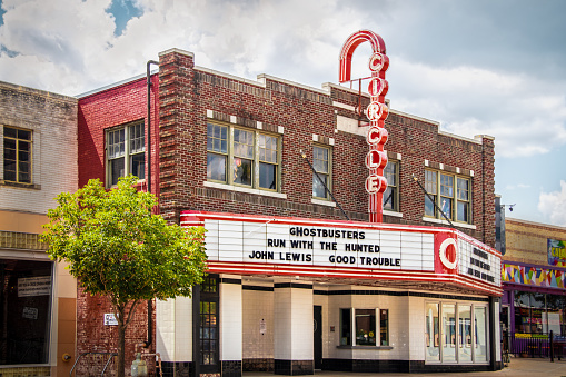 07_06_2020 Tulsa OK USA - Retro Circle Cinema - Oldest movie theatre opened 1928 only nonprofit cinema in Tulsa near Route 66 with neon sign