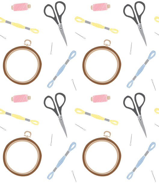 컬러 핸드 그린 낙서 스케치 자수 액세서리 장비의 벡터 매끄러운 패턴 - sewing needlecraft product needle backgrounds stock illustrations