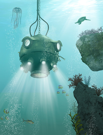 Underwater bathysphere, deep diving device, for deep sea exploration by marine biologists, 3d render.