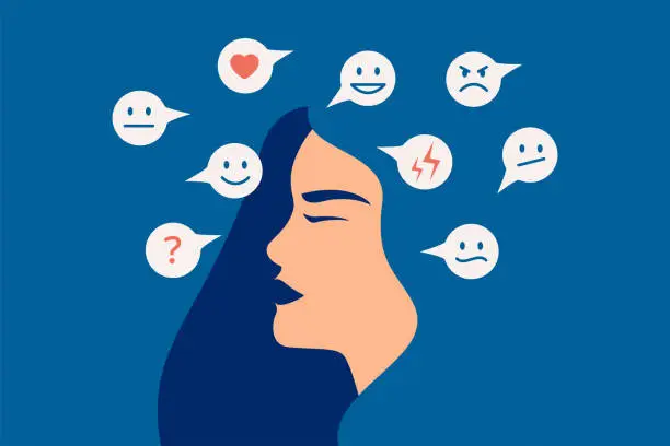 Vector illustration of Mood swing concept. Many emotions surround young female with Bipolar disorder. Woman suffers from hormonal with a change in mood.