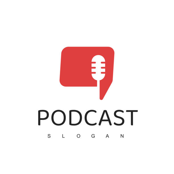 illustrazioni stock, clip art, cartoni animati e icone di tendenza di podcast logo design con microfono e parlare simbolo - podcast