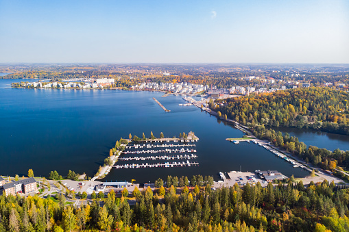 Aerial view to Lahti city and harbor at autumn morning, Finland