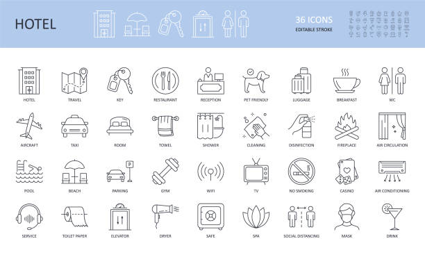 ベクター ホテル サービス アイコン。編集可能なストロークセット。旅行キー航空機のタクシー室レストランwcレセプションペットフレンドリー。カジノの荷物駐車場の清掃スパwi-fiエレベー - ホテル点のイラスト素材／クリップアート素材／マンガ素材／アイコン素材