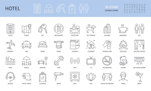 Vector hotel service icons. Editable stroke set. Travel key aircraft taxi room restaurant wc reception pet friendly. Casino luggage parking cleaning spa wifi elevator tv shower safe air conditioning Vector hotel service icons. Editable stroke set. Travel key aircraft taxi room restaurant wc reception pet friendly. Casino luggage parking cleaning spa wifi elevator tv shower safe air conditioning. food and drink establishment stock illustrations
