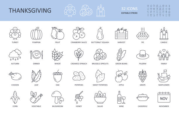 Vector icons Thanksgiving Day. Editable stroke. Turkey potatoes sweet cranberry sauce pie squash beans spinach autumn dinner wheat wine pumpkin. Harvest hat pilgrim chicken oak apple corn casserole Vector icons Thanksgiving Day. Editable stroke. Turkey potatoes sweet cranberry sauce pie squash beans spinach autumn dinner wheat wine pumpkin. Harvest hat pilgrim chicken oak apple corn casserole. spinach pie stock illustrations