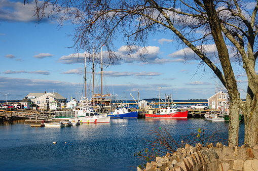Plymouth, Massachusetts, USA- November 16, 2020-Red and blue fishing boats along with the Plymouth Harbormaster boat are docked at Town Pier that is also hosting the tall ship \