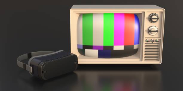 istock Virtual reality helmet and retro tv on black background. 3d illustration 1286194895
