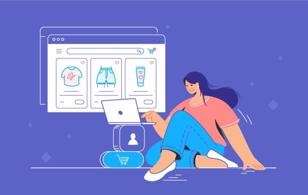 ilustrações de stock, clip art, desenhos animados e ícones de e-store and e-commerce website for shopping online - laptop retail e commerce store