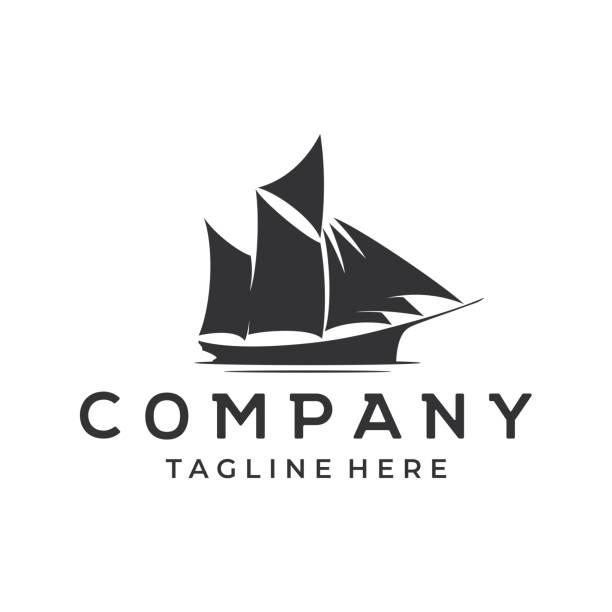 парусный корабль силуэт вектор иллюстрации логотип, значок, приключения, искусство, черный цвет, лодка палубе - galleon stock illustrations