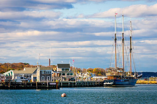 Plymouth, Massachusetts, USA- November 16, 2020-  The three masted Barquentine tall ship 