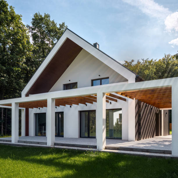 istock Modern house with terrace, exterior view 1286196661
