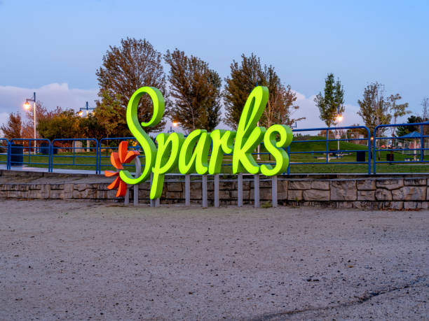 City of Sparks lighted sign on the beach of the Sparks Marina Park. stock photo