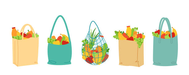 ilustrações de stock, clip art, desenhos animados e ícones de set of shopping and grocery bags. natural farm healthy food, organic fresh fruits and vegetables. save the planet and the environment. eco life. no waste or plastic. vector illustration - paper bag illustrations