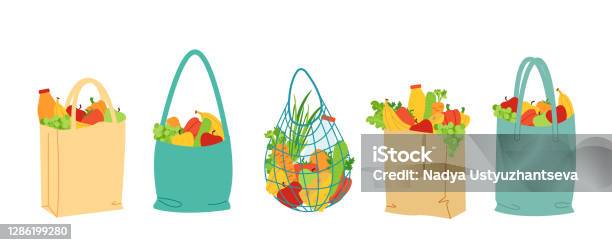 Set Of Shopping And Grocery Bags Natural Farm Healthy Food Organic Fresh Fruits And Vegetables Save The Planet And The Environment Eco Life No Waste Or Plastic Vector Illustration Stock Illustration - Download Image Now