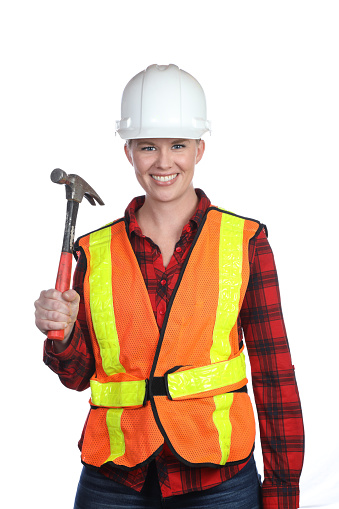 Construction worker on white background.  Shot in Moreno Valley, California in November of 2020.