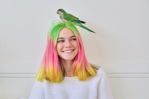 Trendy fashionable with brightly colored hairstyle teenager with green young parrot quaker on his head, friendship of teen girl and bird, lifestyle of teenager and pet