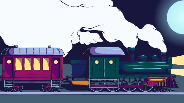 Vector illustration of Hand-drawn cartoon banner illustration - Steam locomotive and wagons.