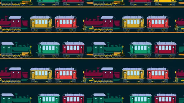 Vector illustration of Hand-drawn vector seamless illustration - Trains and carriages.