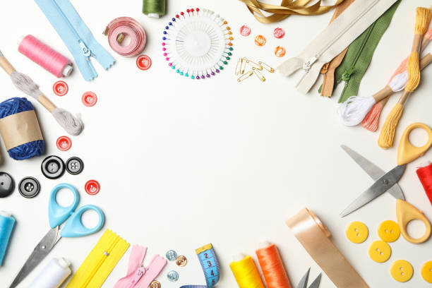 istock Sewing supplies on white background, space for text 1286202484