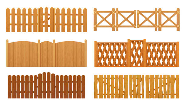 Fence or wooden gates, wood wall barrier boards Fence or wooden gates, wood wall barrier, vector isolated icons set. Garden farm wooden fence gates of wood pickets, house rustic board fencing of planks and railings, ranch and village timber borders enclosure stock illustrations