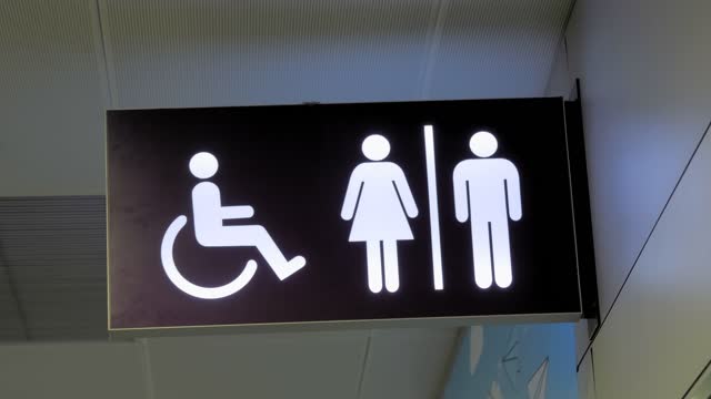 sign. pointer. toilet or WC. Signboard handicap toilet sign, toilet for people with disabilities. Female and male symbols on plates for public toilets, water closets. Pointer wc at the airport