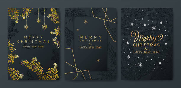 포스터 세트. 크리스마스 트리의 가지와 어두운 배경의 벡터 그림. - merry christmas stock illustrations