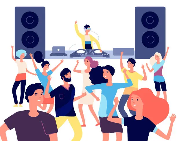 Vector illustration of People on dance floor. Dancing people, young dancers enjoying in disco club party with dj. Nightlife entertainment vector flat concept