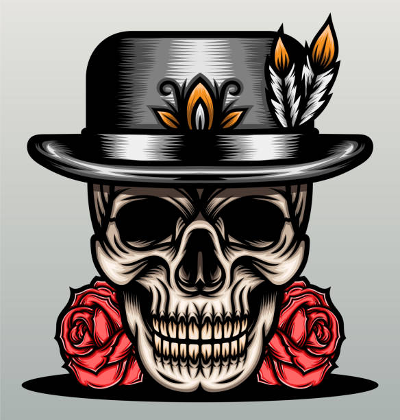 Skull with classic top hat Skull with classic top hat. Premium vector poker card tattoos stock illustrations