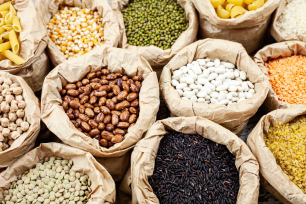 istock Legumes bean seed in sack, top view 1286207797