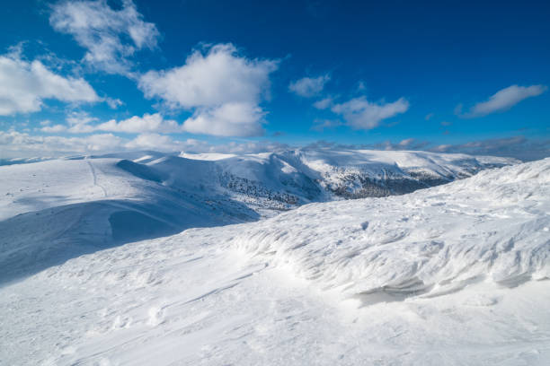 istock Snow and wind formed ice formations covered winter mountain plateau, tops with snow cornices in far. Magnificent sunny day on picturesque beautiful alpine ridge. 1286209126
