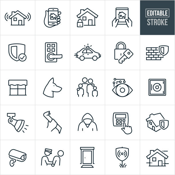 A set of home security icons that include editable strokes or outlines using the EPS vector file. The icons include a home security system, home automation using a smartphone, home and lock, home security control using tablet PC, security shield, door handle with keypad lock, police car, lock and key, brick wall with security shield, window, security dog, family, home monitoring, security camera, safe, home lighting, criminal with crowbar, criminal, home security system, police officer arresting criminal, front door, security alarm system sign and other icons.