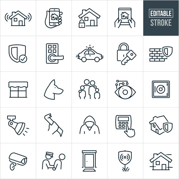 Home Security Thin Line Icons - Editable Stroke A set of home security icons that include editable strokes or outlines using the EPS vector file. The icons include a home security system, home automation using a smartphone, home and lock, home security control using tablet PC, security shield, door handle with keypad lock, police car, lock and key, brick wall with security shield, window, security dog, family, home monitoring, security camera, safe, home lighting, criminal with crowbar, criminal, home security system, police officer arresting criminal, front door, security alarm system sign and other icons. bank vault icon stock illustrations